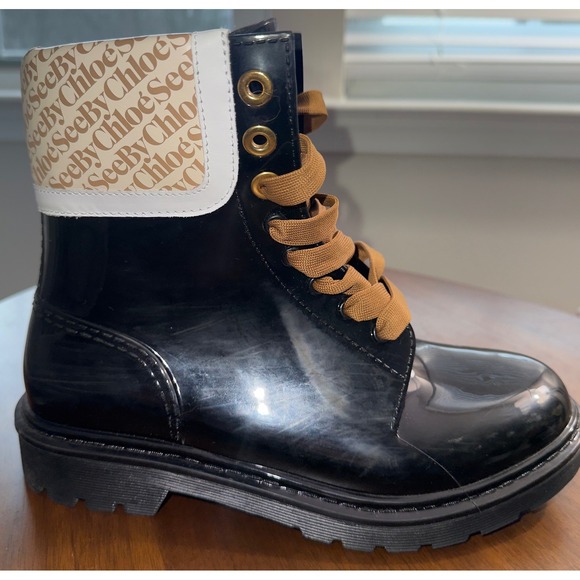 See By Chloe Luxury Black Glossy Logo Rain Boots Lace Up Combat Booties Size 8 - Picture 2 of 16